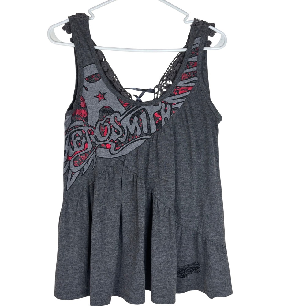 Aerosmith Tank Top Rock n Roller Coaster Small Gray Lace Up Babydoll Disney